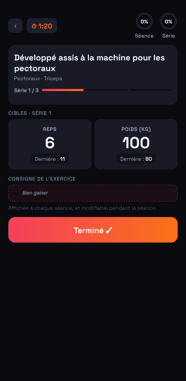 L’écran de série pendant la séance, avec la consigne
