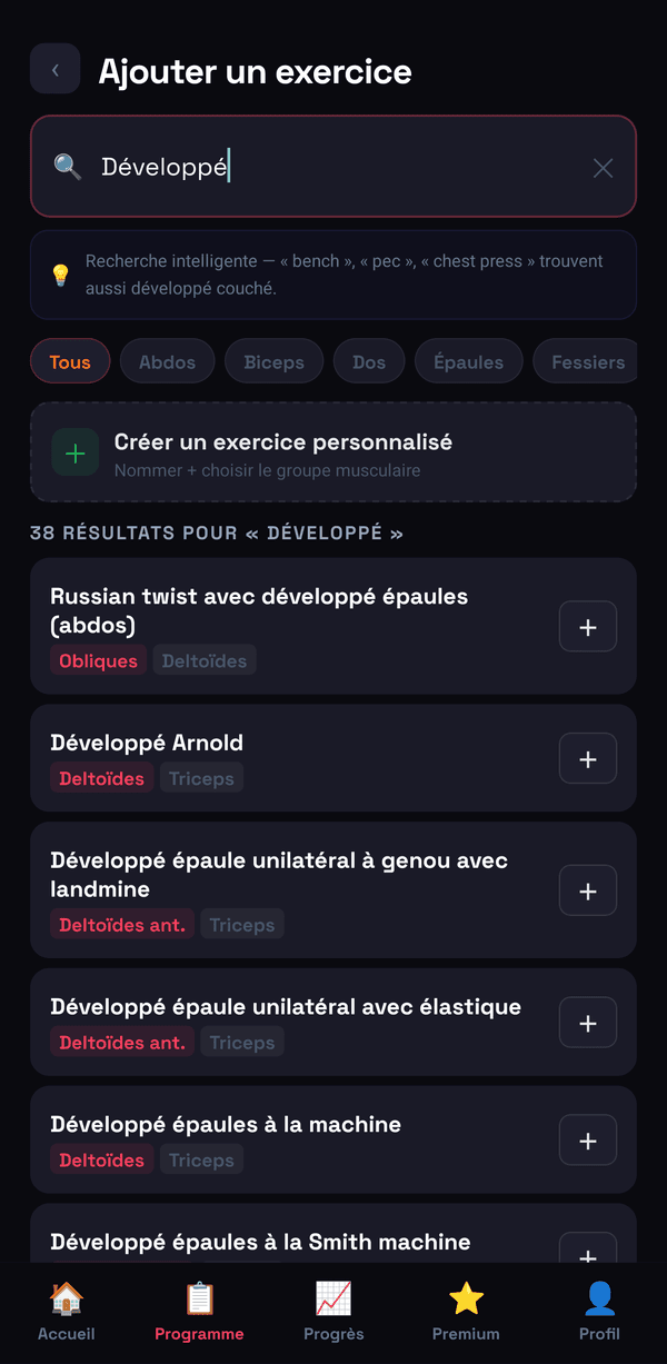 La bibliothèque d’exercices, avec la recherche et les filtres