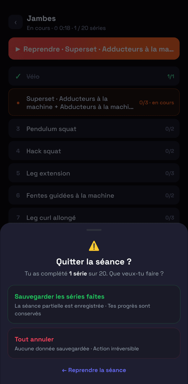 La fenêtre qui s’ouvre quand on quitte une séance en cours
