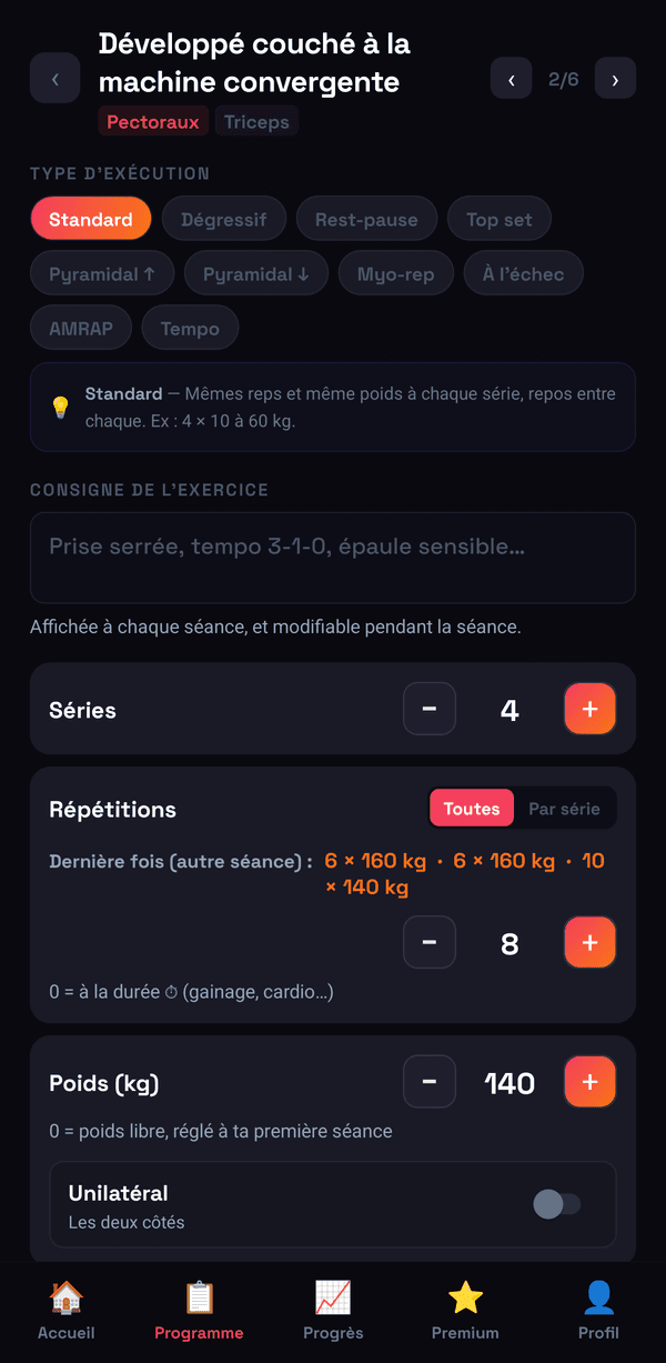 L’écran de réglage d’un exercice