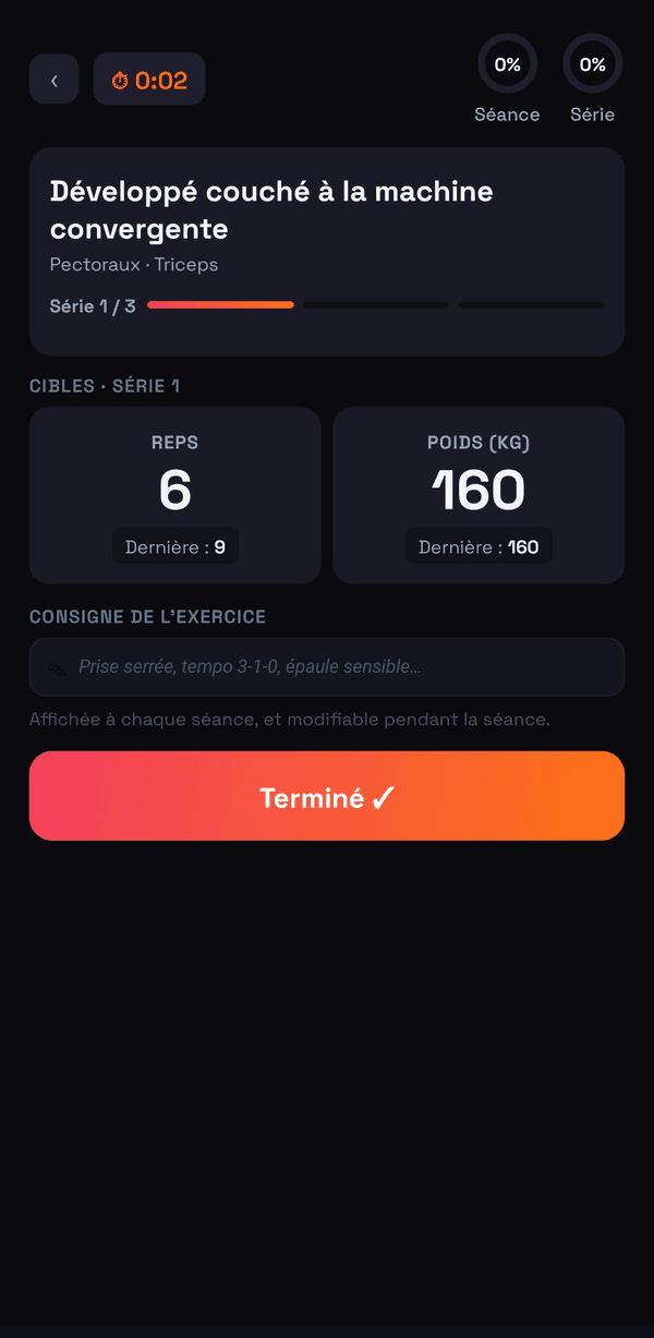 L’écran de série, avec les répétitions faites et la charge