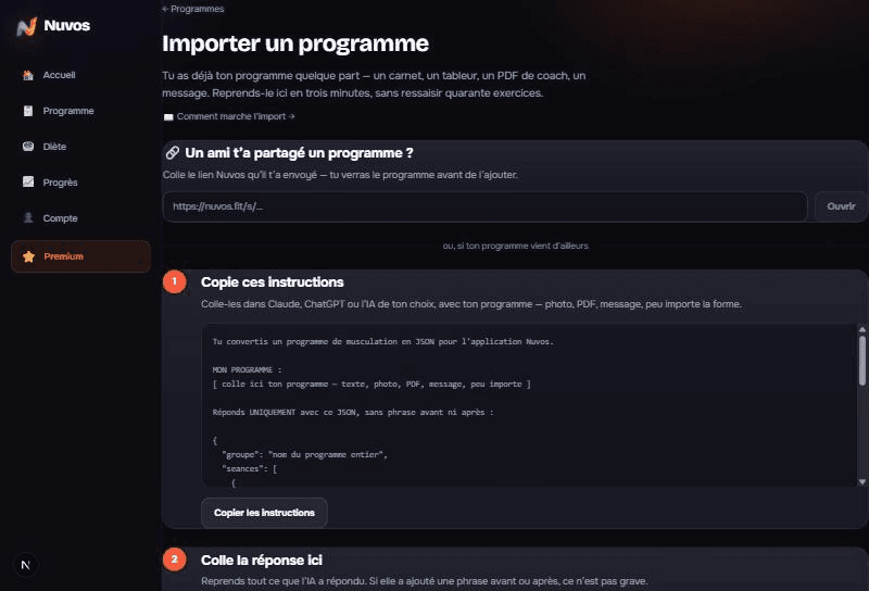 La page d’import du site : champ de lien, puis les instructions à copier